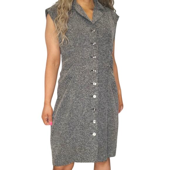 Gray Button Front Dress Womens 12 Collared Ruched Cap Sleeve Shift Knee Length - Picture 3 of 16